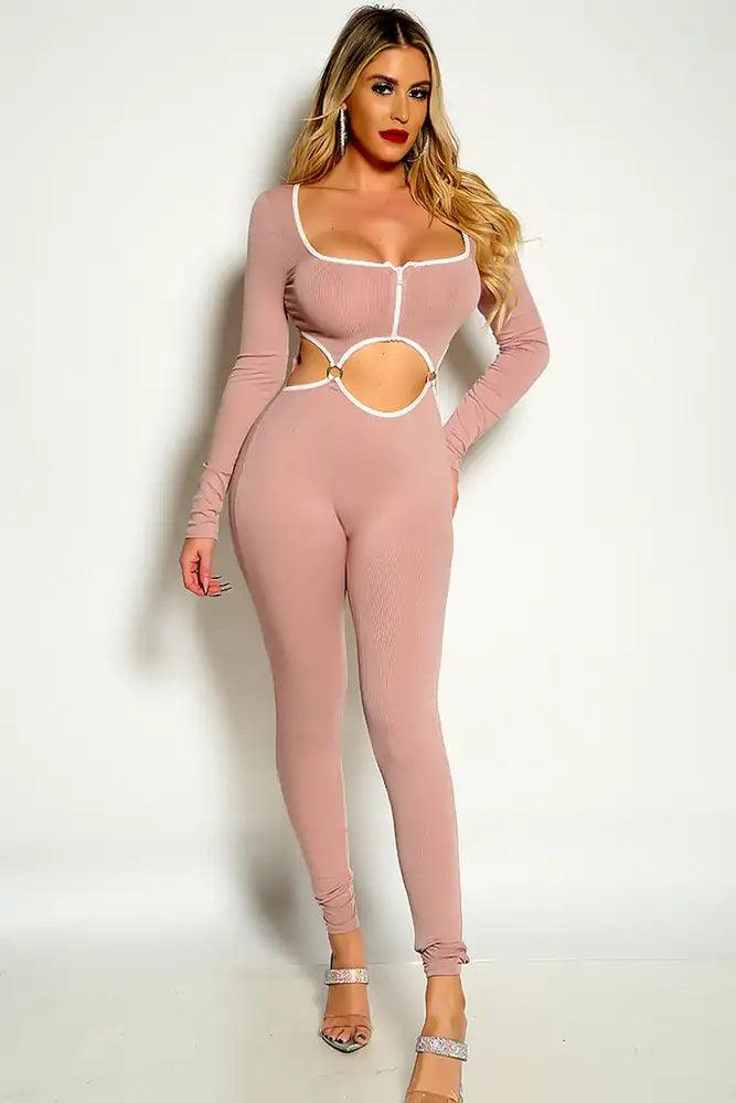 Mauve Long Sleeve O-Ring Cut Out Jumpsuit