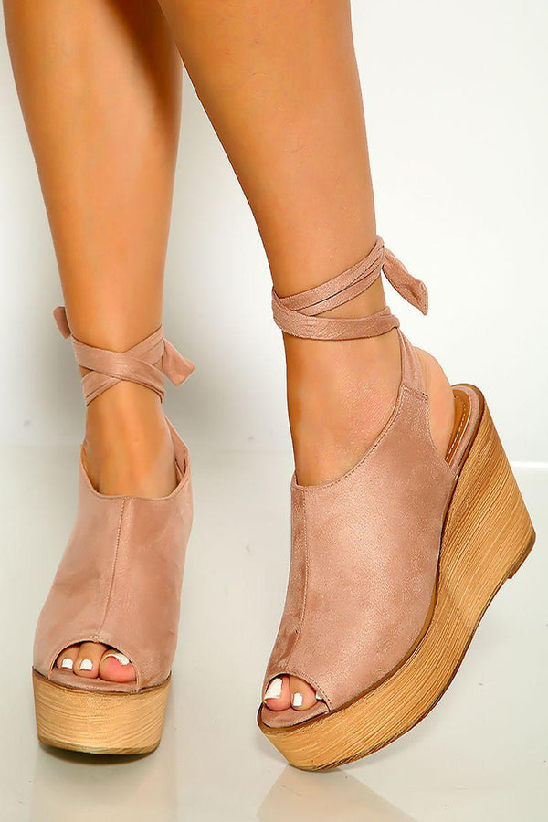 Mauve Print Peep Toe Wrap Around Platform Wedges