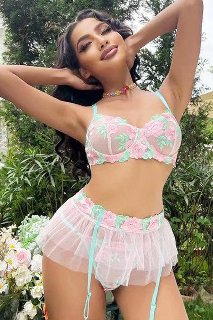 Mint Pink Tutu Mesh Floral Embroidered 3Pc Lingerie Garter Set