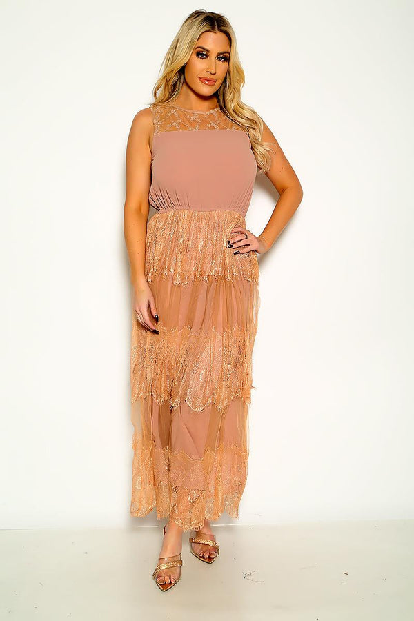 Mocha Floral Lace Sleeveless Maxi Dress