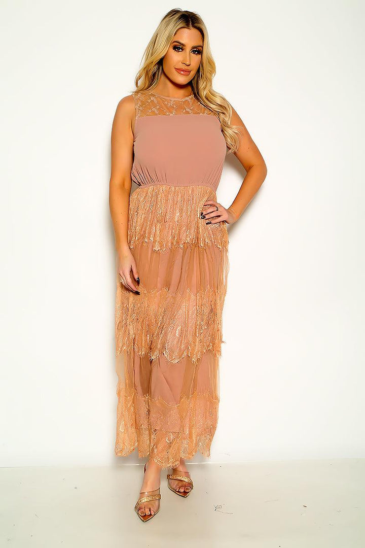 Mocha Floral Lace Sleeveless Maxi Dress