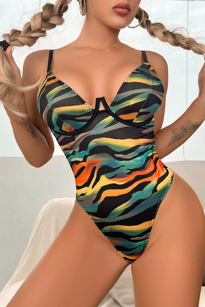 Multi Rainbow Zebra V-Wired Thong Sexy Lingerie Bodysuit