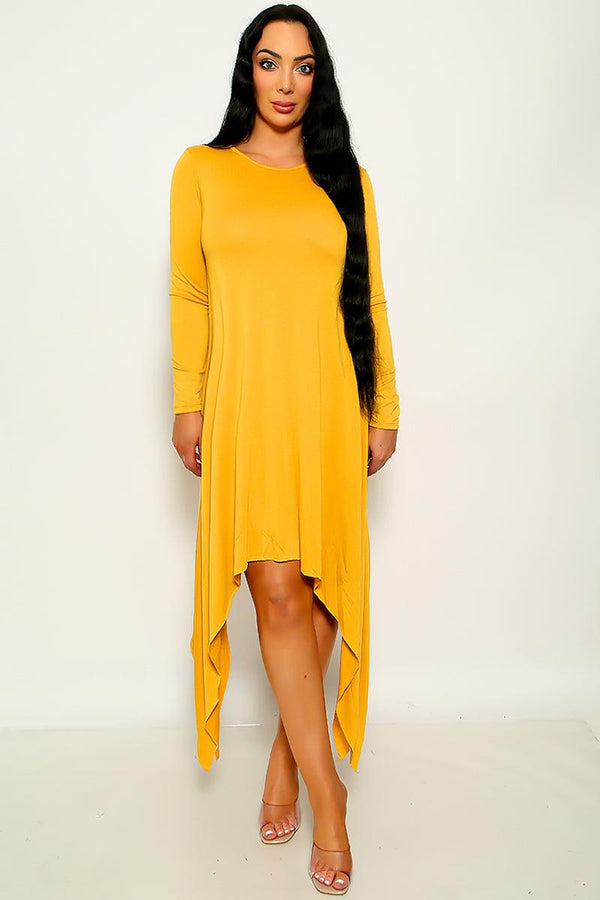 Mustard Long Sleeve High Low Asymmetric Dress