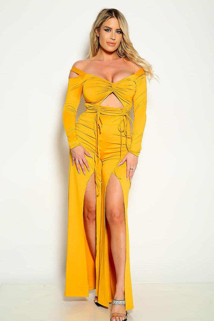 Mustard Long Sleeves Flared Two Piece Outfit