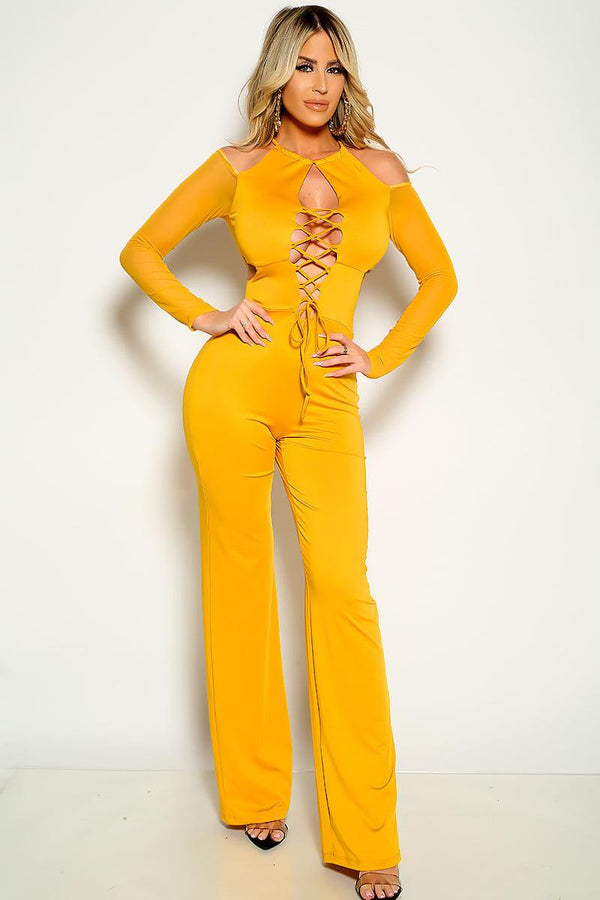Mustard Long Sleeves Lace Up Flared Jumpsuit