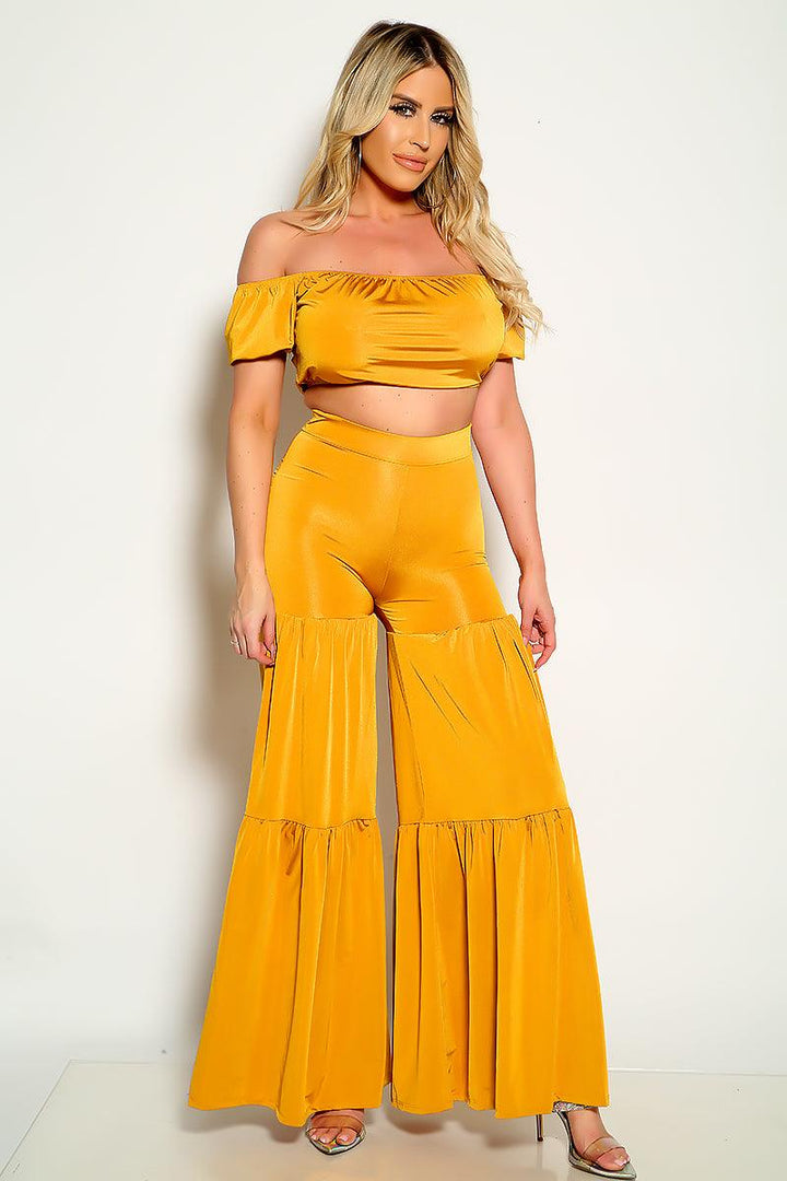 Mustard Short Sleeve Flared Two Piece Outfit
