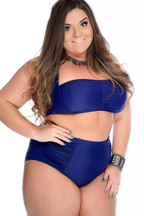 Navy Bold Halter Top Ruched High Waist Two Piece Swimsuit Plus