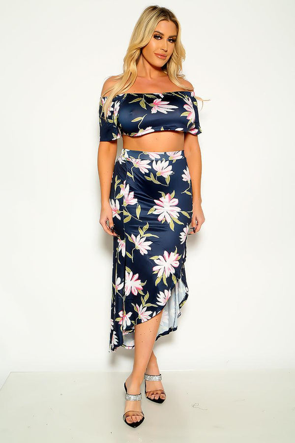 Navy Floral Off Shoulder Crop Top & Asymmetrical Hem Skirt Set
