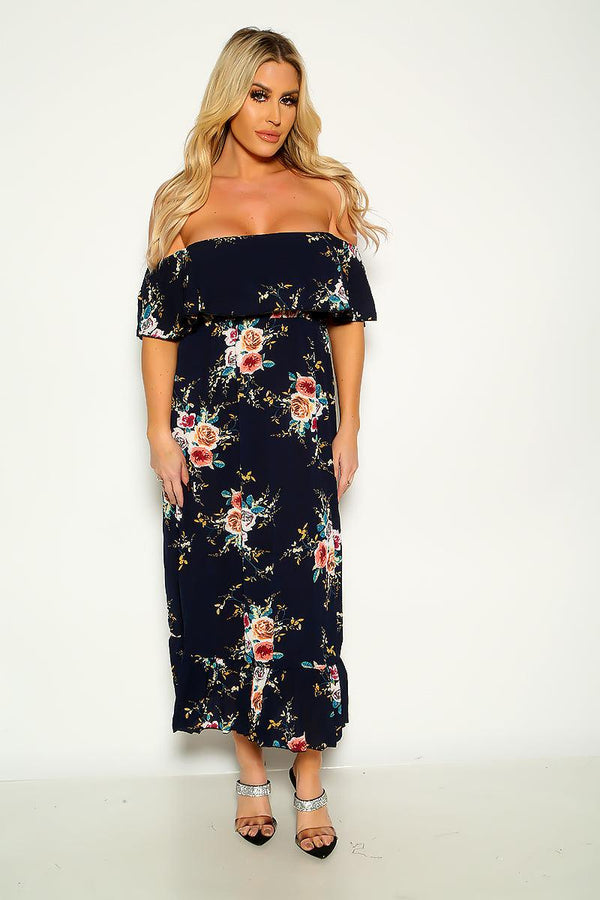 Navy Floral Ruffled Trim Off Shoulder Sexy Party Dress