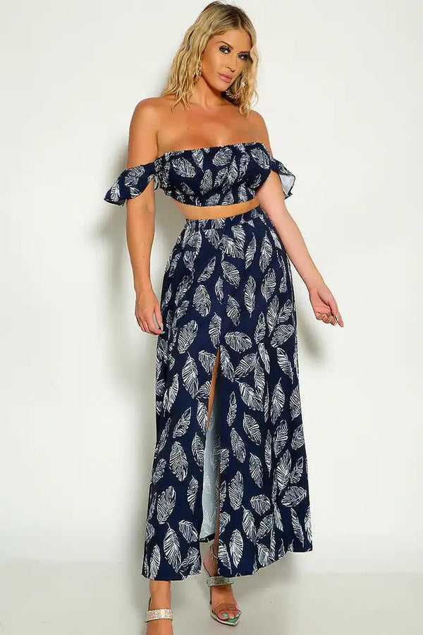 Navy White Off The Shoulder Cropped Maxi Two Piece Dress