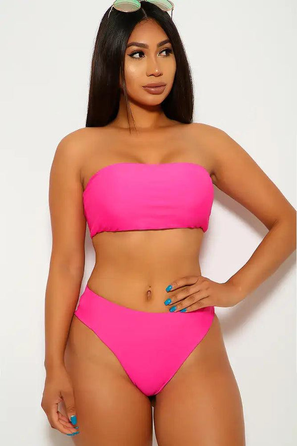 Neon Fuchsia Bandeau High Waist Two Piece Swimsuit