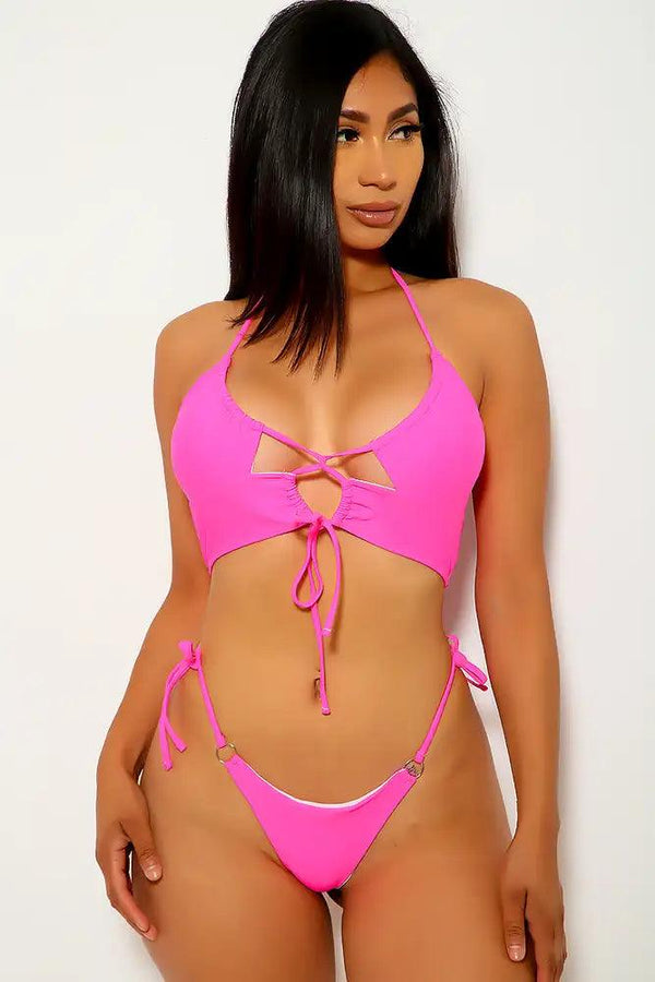 Neon Fuchsia Strappy Two Piece Swimsuit