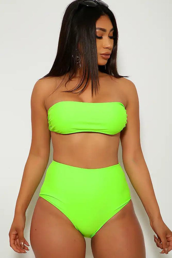 Neon Lime High Waist Bandeau Two Piece Swimsuit
