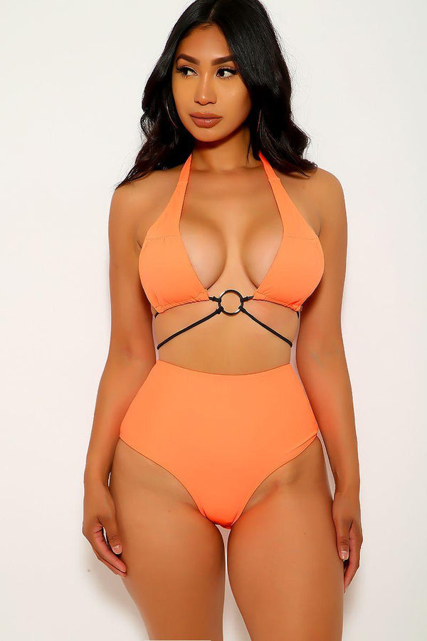 Neon Orange O-Ring Strappy Two Piece Swimsuit