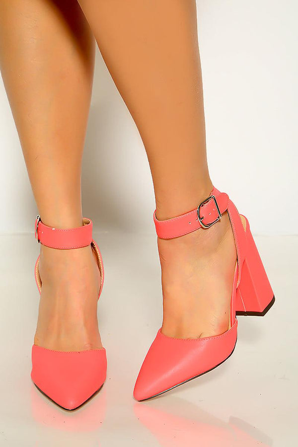 Neon Pink Ankle Buckle Pointy Toe Chunky Heels