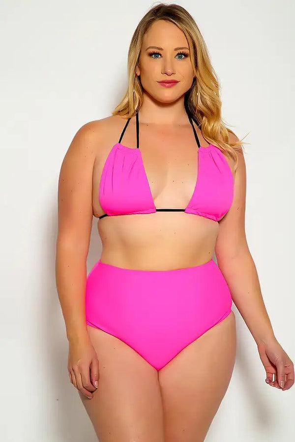Neon Pink Black Plus Size Strappy Halter High Waist Two Piece Swimsuit