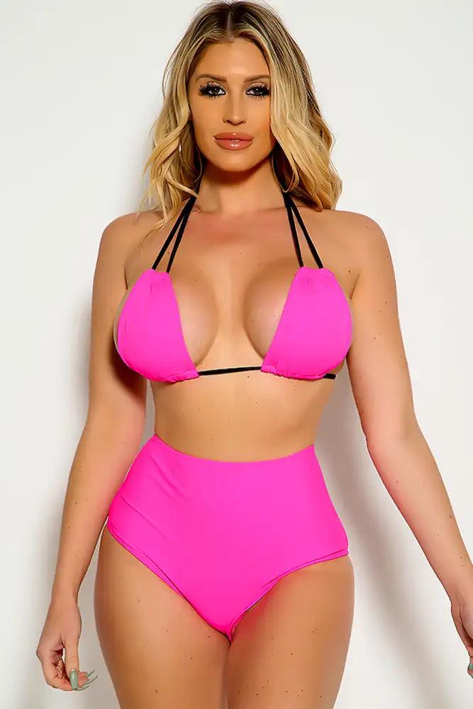 Neon Pink Black Strappy Halter High Waist Two Piece Swimsuit