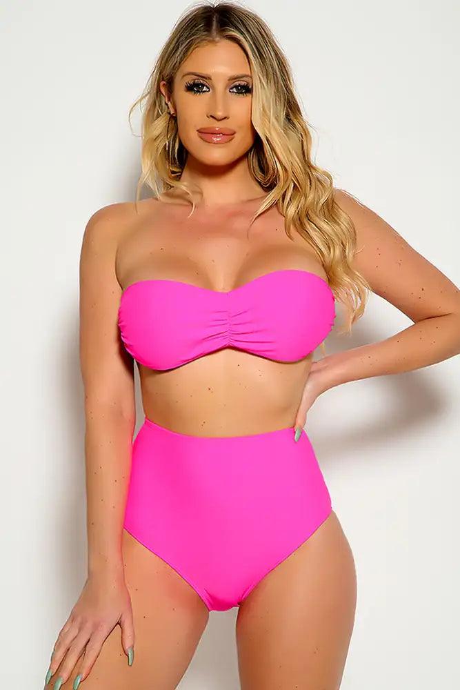 Neon Pink Strapless Bandeau High Waist Two Piece Swimsuit