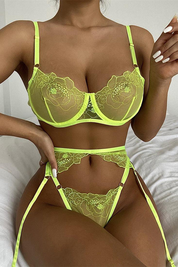 Neon Yellow Floral Design Mesh 3 Pc Lingerie Set
