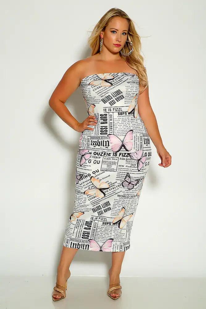 Newspaper Print Strapless Butterfly Detail Plus Size Bodycon Dress