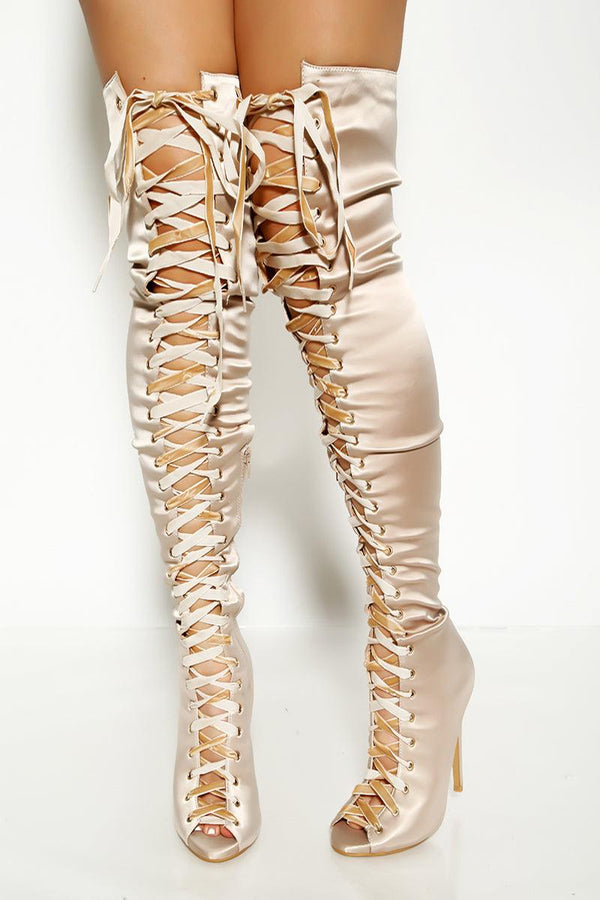 Nude Satin Peep Lace Up Thigh High Stiletto Boots