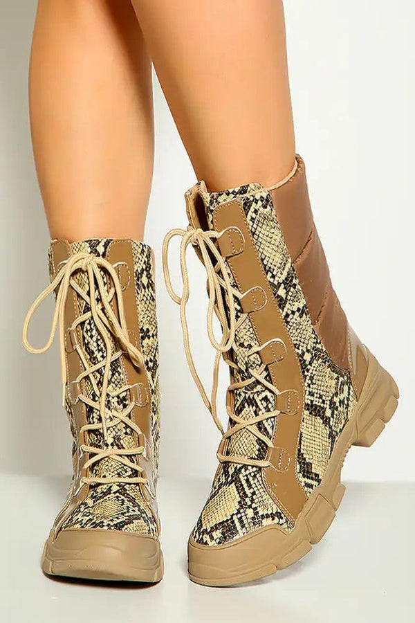 Nude Snake Print Lace Up Combat Boots