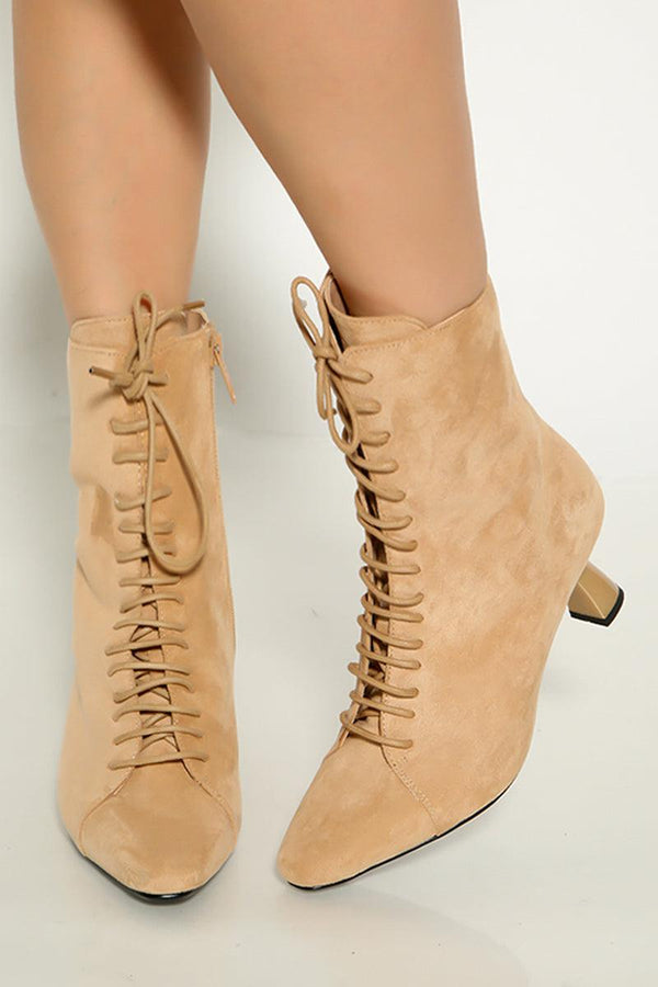 Nude Suede Single Sole Gold Chunky Heel Booties