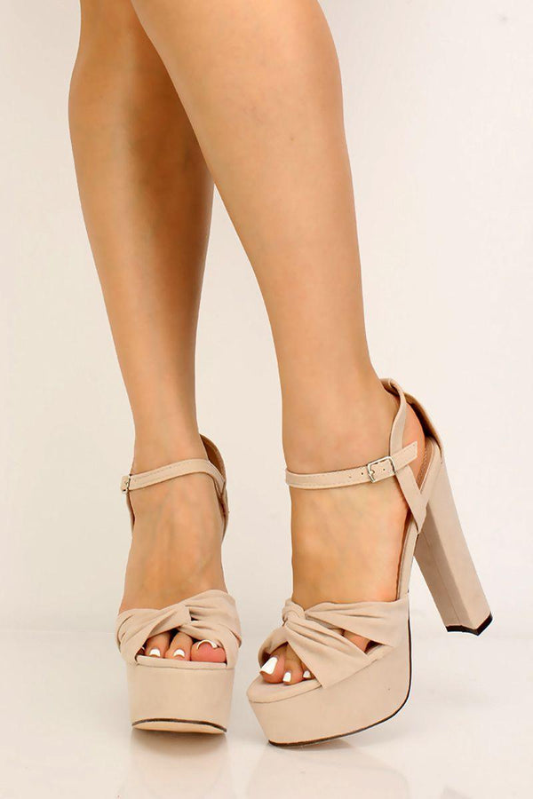 Nude Tie Knot Faux Suede Platform Chunky Heels