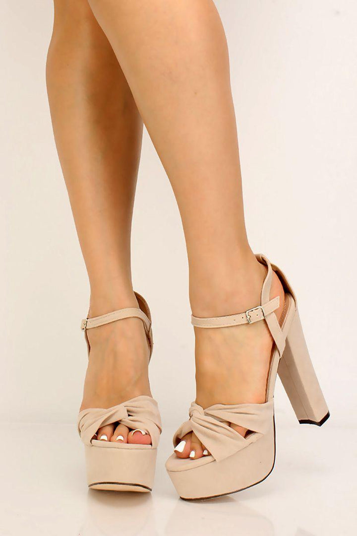 Nude Tie Knot Faux Suede Platform Chunky Heels