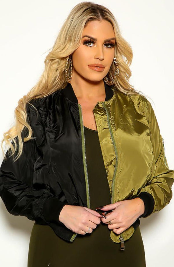 Olive Black Long Sleeve Faux Satin Zip Up Jacket