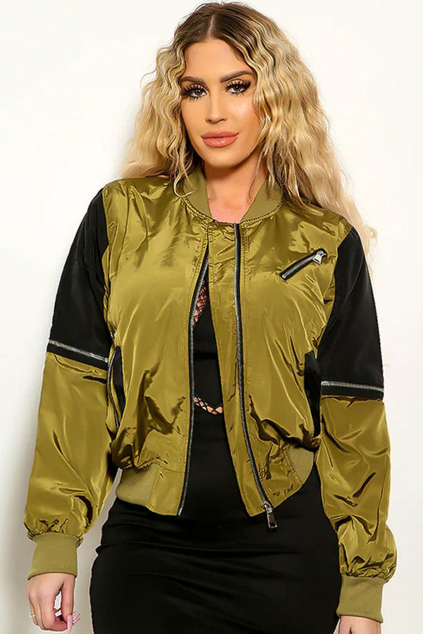 Olive Satin Long Sleeve Zip Up Bomber Jacket