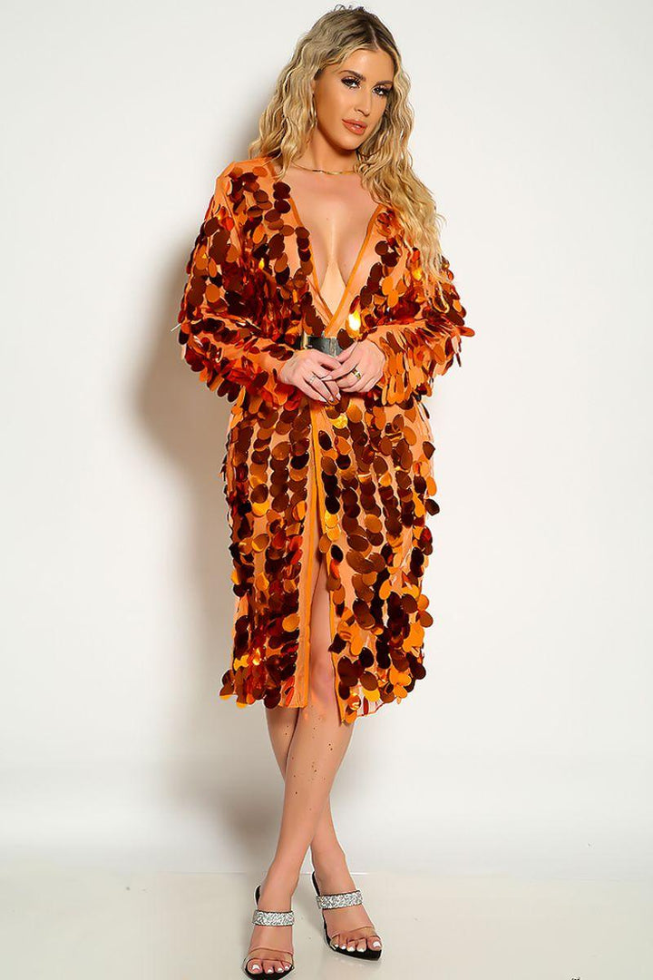 Orange Big Sequin Long Mesh Cardigan