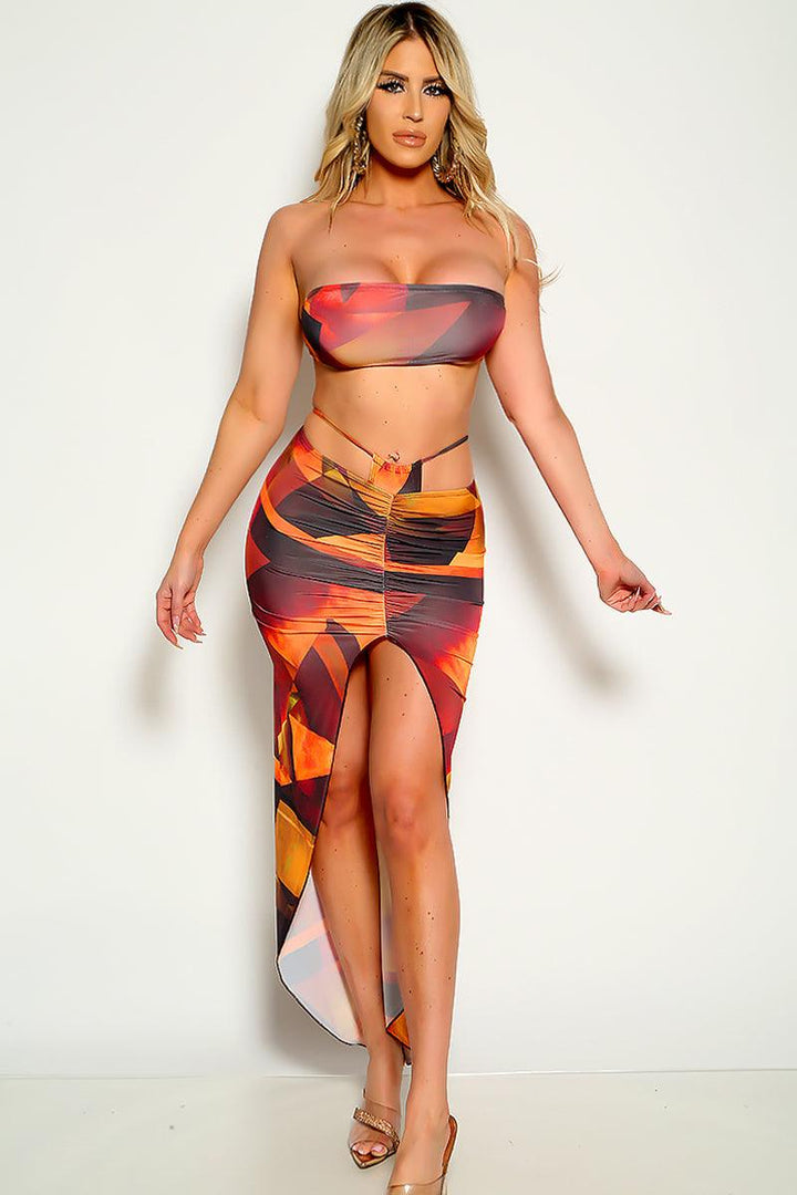 Orange Black Geometric Print Bandeau Two Piece Dress