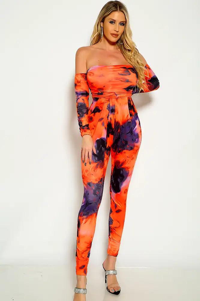 Orange Black Off The Shoulder Tie Dye Jumpsuit