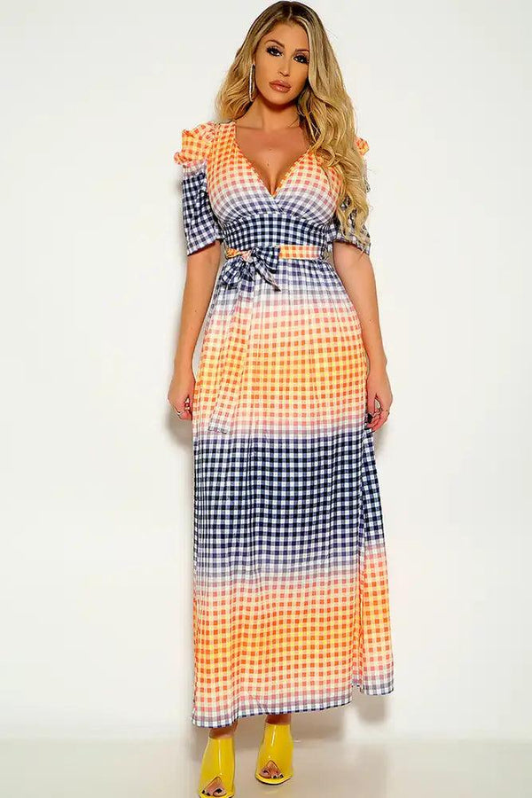 Orange Black Short sleeve Belted Maxi Dress