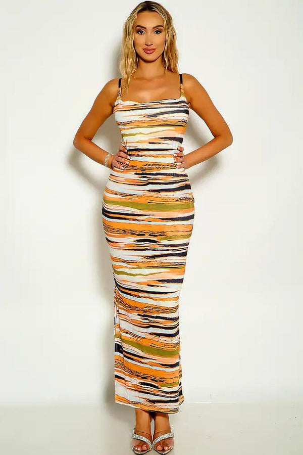 Orange Black White Sleeveless Two Tone Maxi Dress