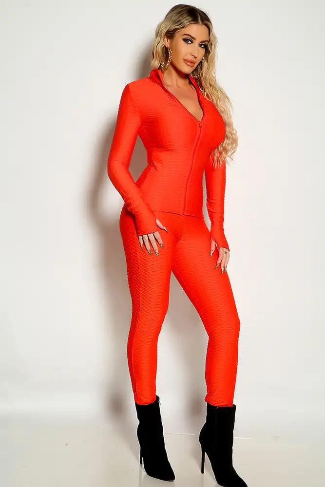Orange Long Sleeve Textured Front Zipper Mock Neck Two Piece Outfit