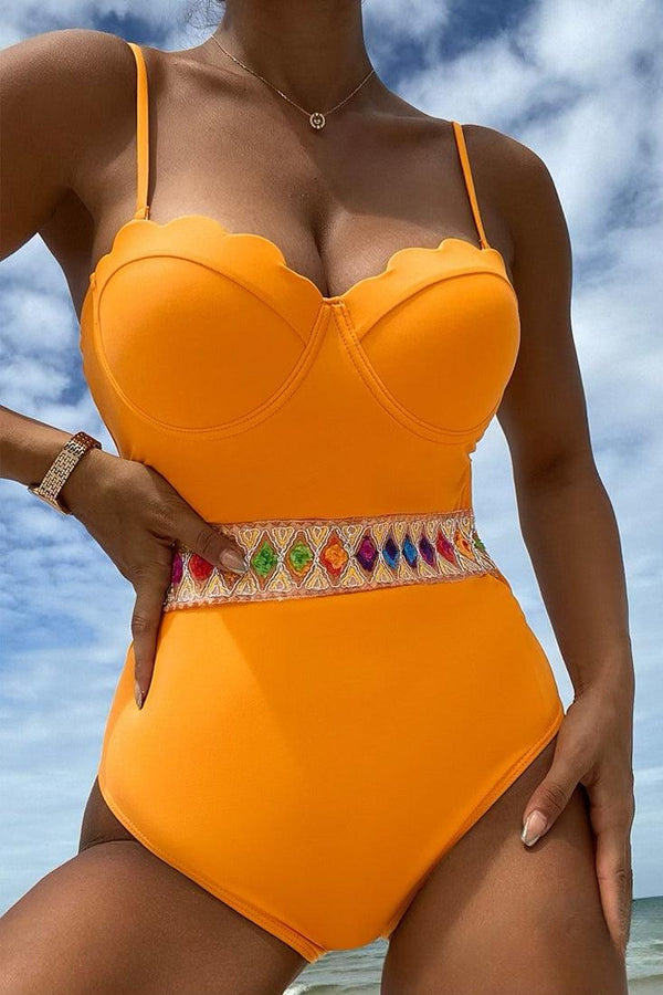 Orange Push-Up Cup Multi Rhinestone Belt Sexy 1Pc Swimsuit Monokini