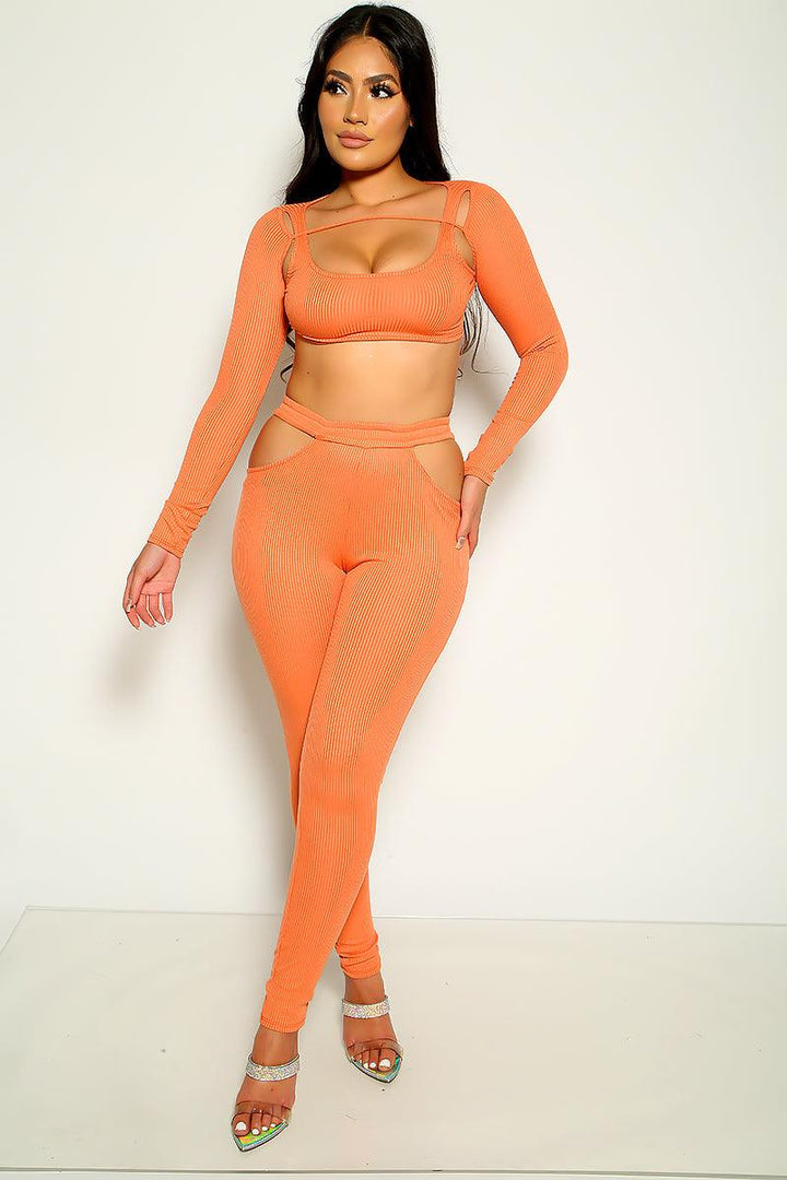 Orange Sexy Open Cut Stretchy 2 Pc Matching Set