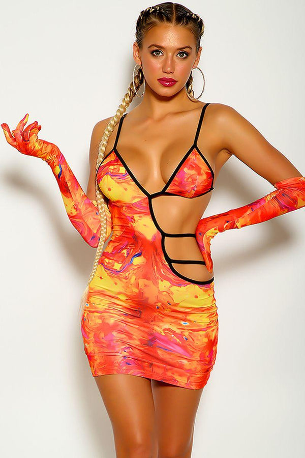 Orange Sleeveless Strappy Gloves Two Piece Dress