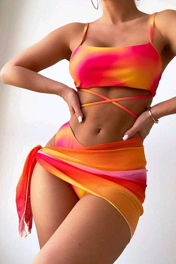 Orange Tie Dye Print Criss-Cross 3 Pc Bikini Set With Cover Up