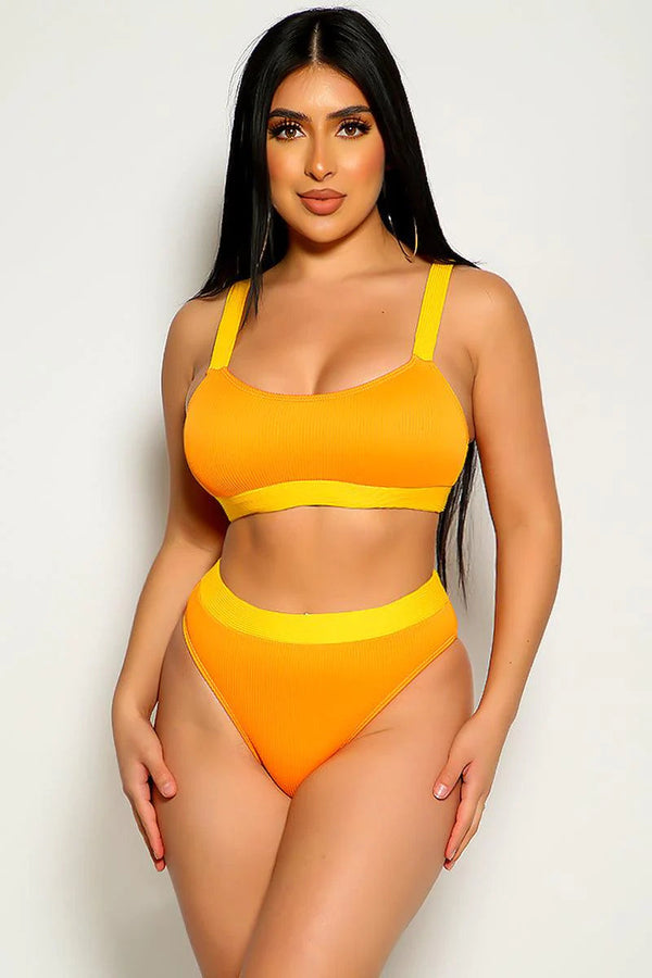 Orange Yellow Ribbed Bikini Top & High Waisted Bottom 2 Pc Set