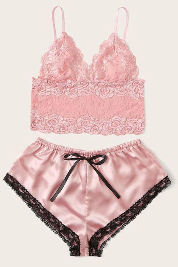 Pink Black Lace Embroidered Sleeveless Two Piece Intimate Outfit