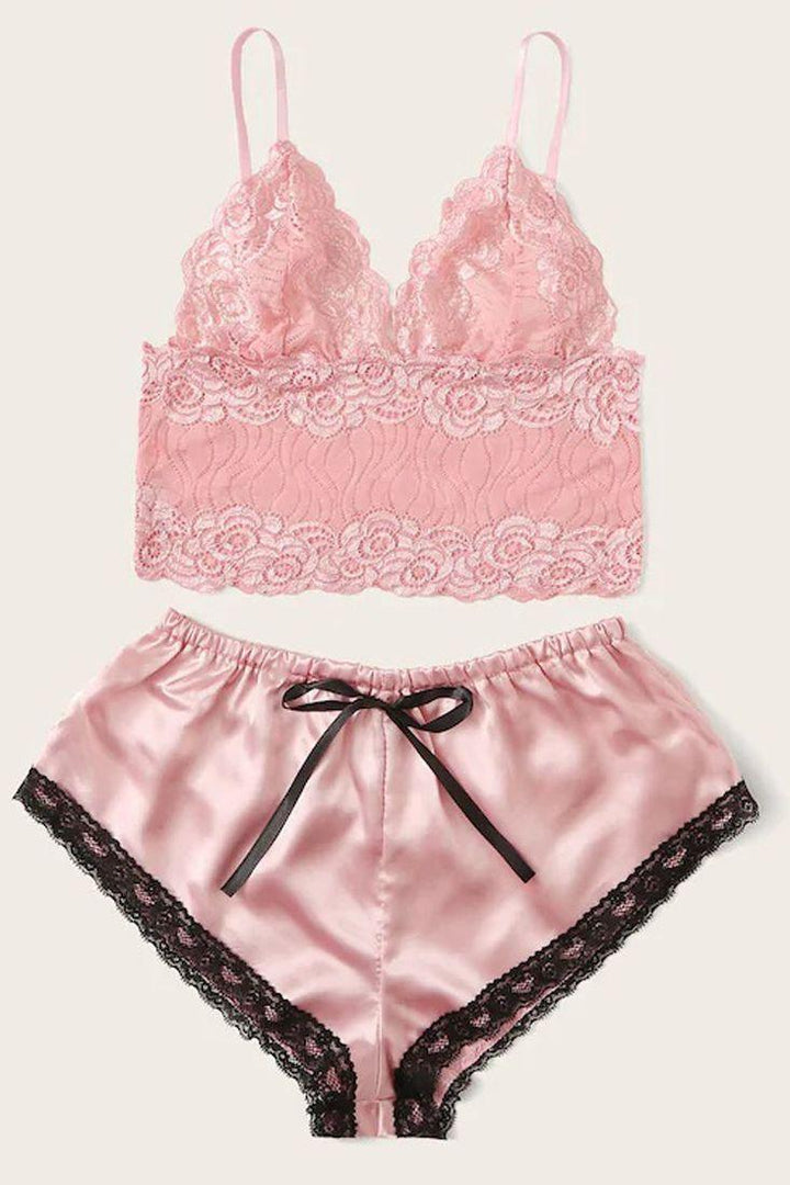 Pink Black Lace Embroidered Sleeveless Two Piece Intimate Outfit