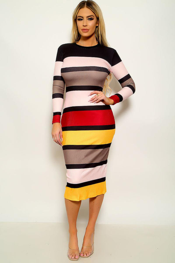 Pink Brown Striped Ribbed Long Sleeve Midi Dress