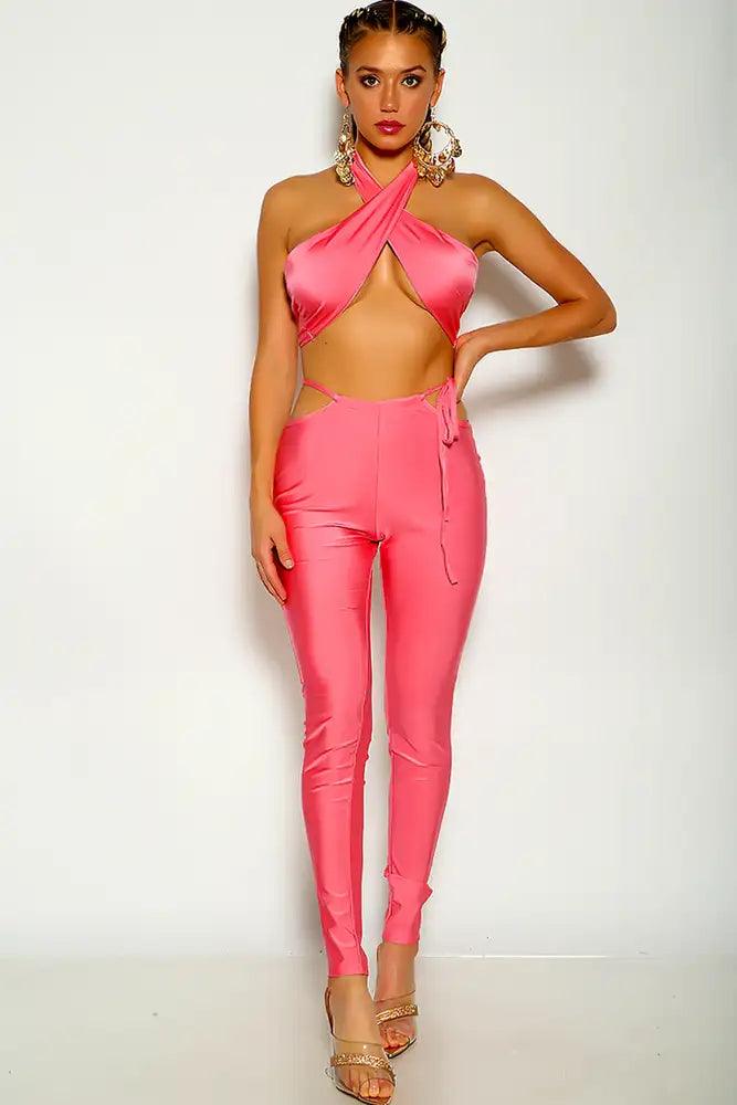 Pink Cross Halter Side Tie Two Piece Outfit