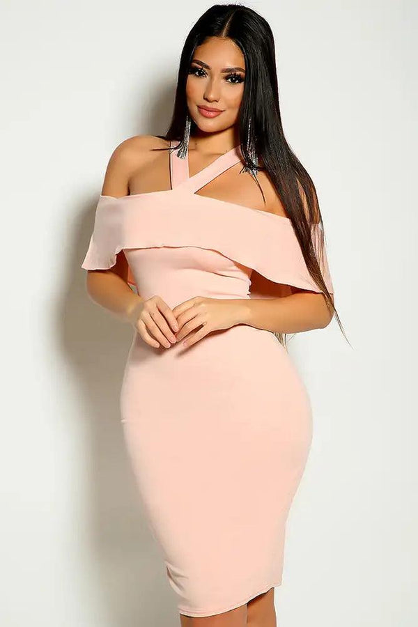 Pink Halter Ruffled Off The Shoulder Party Dress