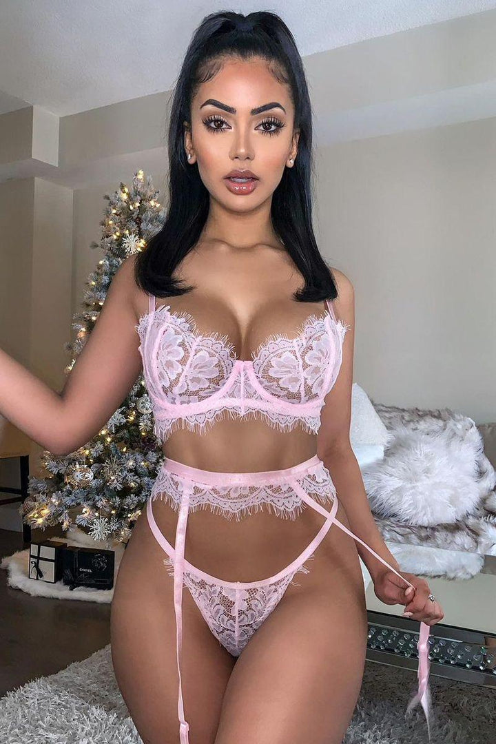 Pink Lace Under Wired Bra Garter Pantie Lingerie Set