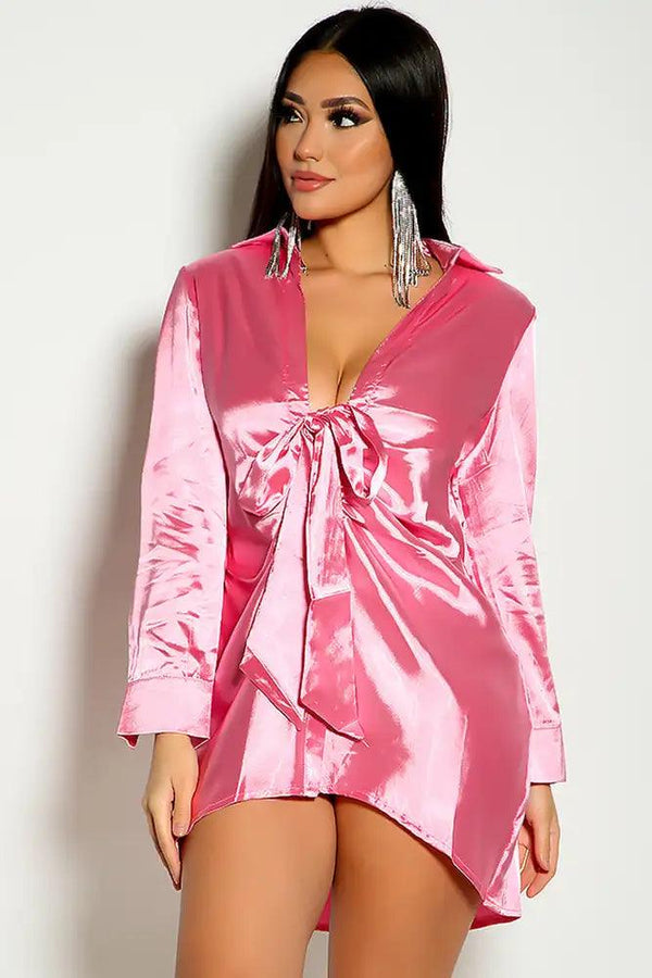 Pink Long Sleeve Faux Satin Button Up Tie Detail Shirt Dress
