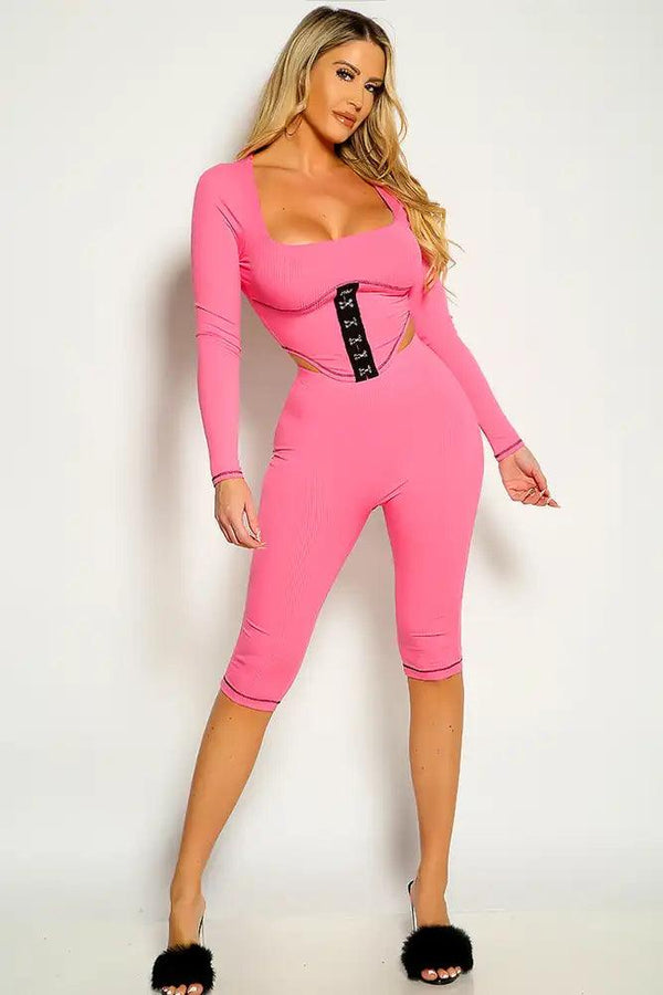 Pink Long Sleeve Ribbed Hook And Eye Detail Two Piece Outfit